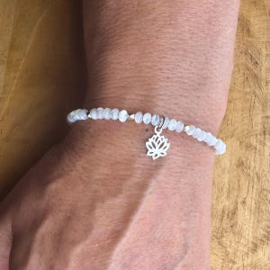 Mother of Pearl Bracelet: Sterling Silver Lotus Charm, Beaded Gemstone