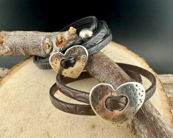 Leather Wrap Bracelet • Embossed Design • Silver Heart • Magnetic Clasp