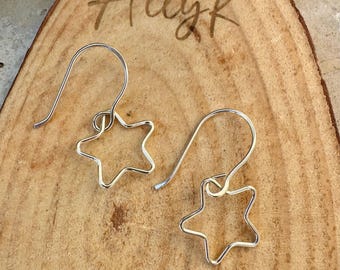Sterling Silver Star Dangle Earrings • Minimalist Hand‑Forged Star Jewelry