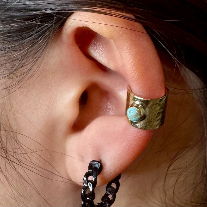 4mm Genuine Turquoise Brass Ear Cuff | Wide Conch Band | No-Piercing Earring image 1
