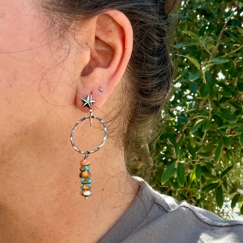 Sterling Silver Spiny Oyster & Turquoise Dangle Drop Earrings • Long Drop Style image 7