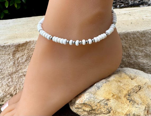 Navajo Pearl and White Turquoise Anklet, Navajo Pearl Ankle Bracelet, Beaded Ankle Jewelry, Southwestern Gift, Boho Anklet