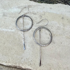 Rustic Sterling Silver Circle Dangle Earrings • Long Drop Style image 4