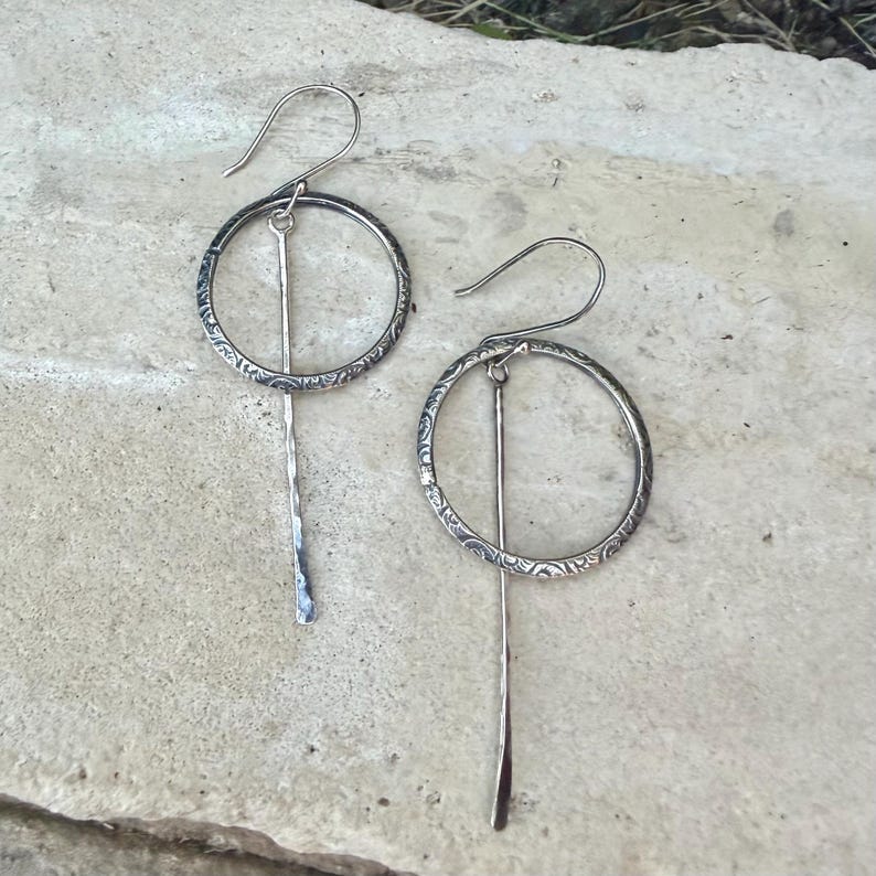 Rustic Sterling Silver Circle Dangle Earrings • Long Drop Style image 4