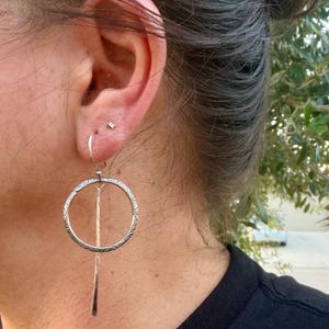 Rustic Sterling Silver Circle Dangle Earrings • Long Drop Style image 5