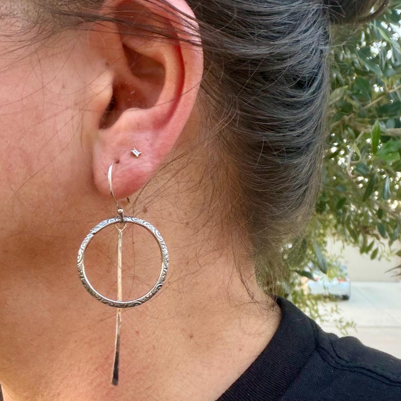 Rustic Sterling Silver Circle Dangle Earrings • Long Drop Style image 5
