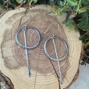 Rustic Sterling Silver Circle Dangle Earrings • Long Drop Style image 1