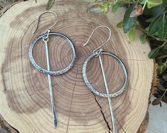 Rustic Sterling Silver Circle Dangle Earrings • Long Drop Style