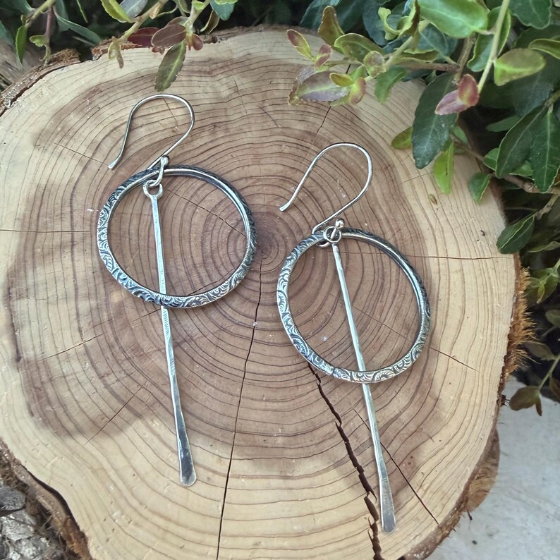 Rustic Sterling Silver Circle Dangle Earrings • Long Drop Style image 1