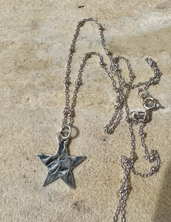 Sterling silver satellite chain necklace with delicate hammered star pendant / charm