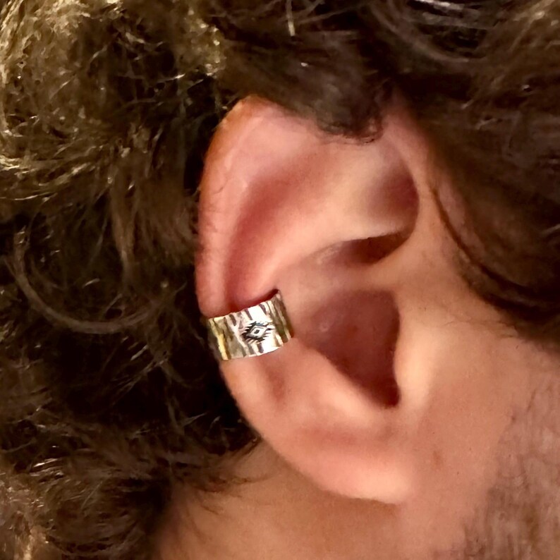 Sterling Silver Southwest Design Ear Cuff • Embossed Wide Conch Band • No Piercing Needed image 2