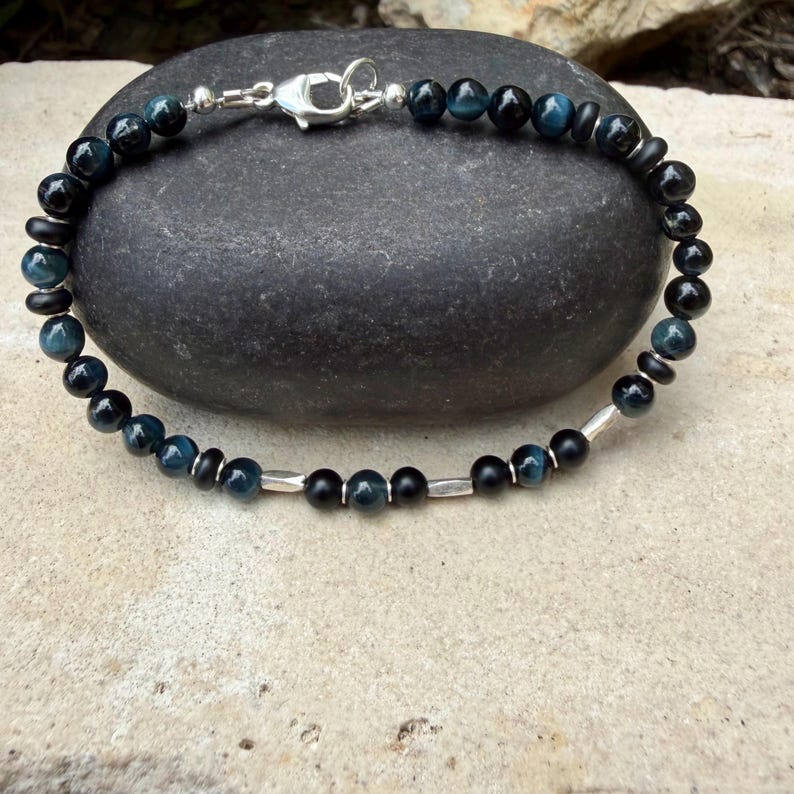 Blue Tiger’s Eye Onyx Bracelet • Hawk’s Eye • Sterling Silver Jewelry image 4