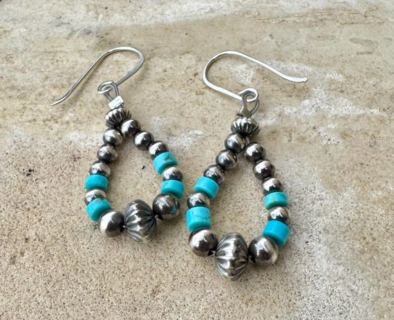 Navajo pearl and turquoise hoop teardrop dangle style, sterling silver earrings / turquoise earrings