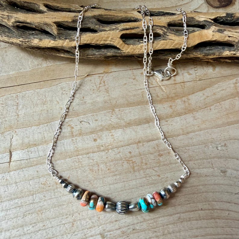 Spiny Oyster Turquoise Bar Necklace • Desert Pearls • Sterling Silver Southwest Necklace image 2