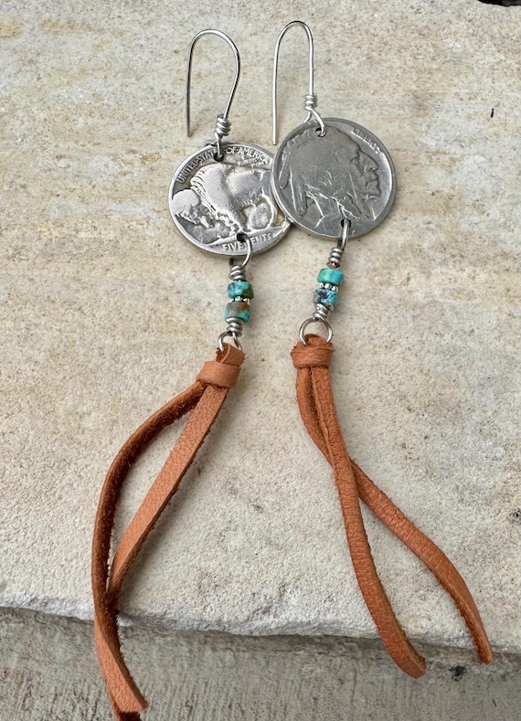 Indian Head Buffalo Nickel Earrings, Deerskin Leather Earrings, Turquoise Gemstone Jewelry, Leather Earrings, Bohemian Style