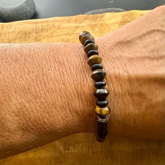 Tiger's Eye and Onyx Stretch Bracelet - Natural Gemstone Jewelry