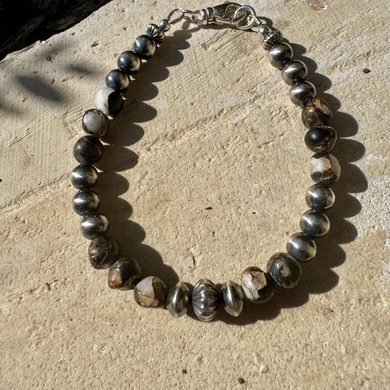 Navajo Pearl White Buffalo Bracelet, Beaded Sterling Silver, Gemstone Bracelet, Unique Gift, Custom Handmade Jewelry, Southwest Style