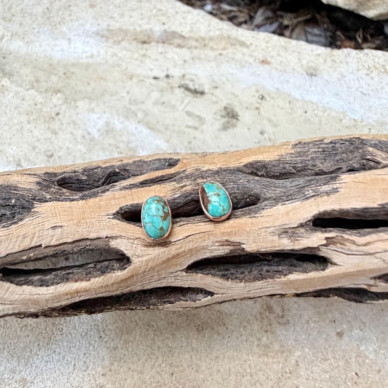 May include: A pair of turquoise stud earrings with a silver setting. The earrings have an oval shape and are set on a piece of driftwood. The turquoise has a mottled pattern of blue and brown.