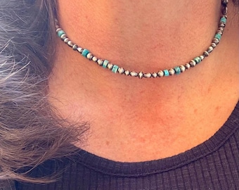 Kingman Turquoise & Desert Pearls Sterling Silver Choker Necklace • Arizona Turquoise