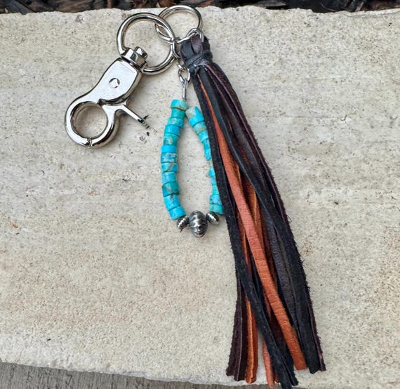 Kingman turquoise keychain with multi color leather tassel