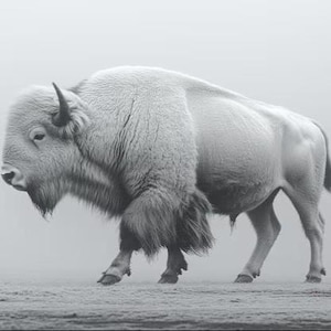 May include: A grayscale image of a bison in profile, showcasing its massive size and shaggy fur. The bison has a prominent hump, horns, and a beard. The animal is walking on a textured surface, with a soft, blurred background.