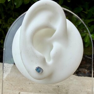 May include: A small, oval-shaped earring with a silver-colored border and a blue and white stone. The earring is displayed on a white ear model, showcasing its size and design. The background is blurred, with green foliage visible.