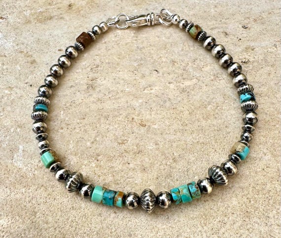 Navajo Pearl Bracelet with Kingman Blue Green Turquoise, Southwestern Jewelry, Turquoise Bead Bracelet, Handmade Bracelet, Boho Bracelet