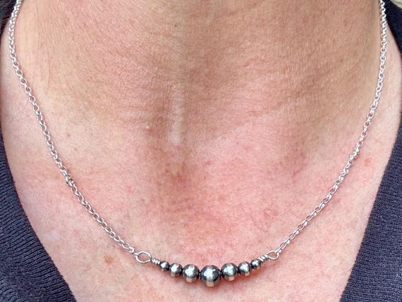 Navajo Pearl Necklace, Sterling Silver Necklace, Graduated Bar Necklace, Horizontal Necklace, Handmade Jewelry, Western Jewelry