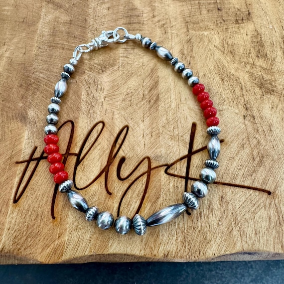 Navajo Pearl Bracelet, Red Bamboo Coral Bracelet, Sterling Silver Gemstone, Beaded Bracelet, Gifts for Her