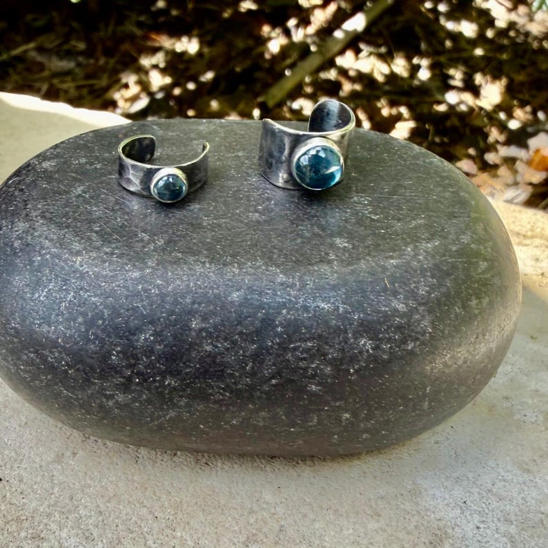 Swiss Blue Topaz Ear Cuff • Hammered Sterling Silver • No Piercing • 4mm or 7mm image 2
