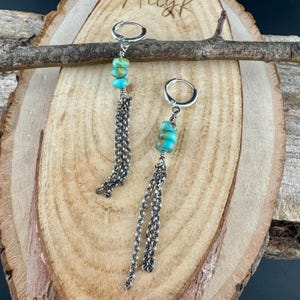 Turquoise Sterling Silver Lever back Hook Earrings: Kingman Huggie Hoop Chain Earrings Oxidized polished