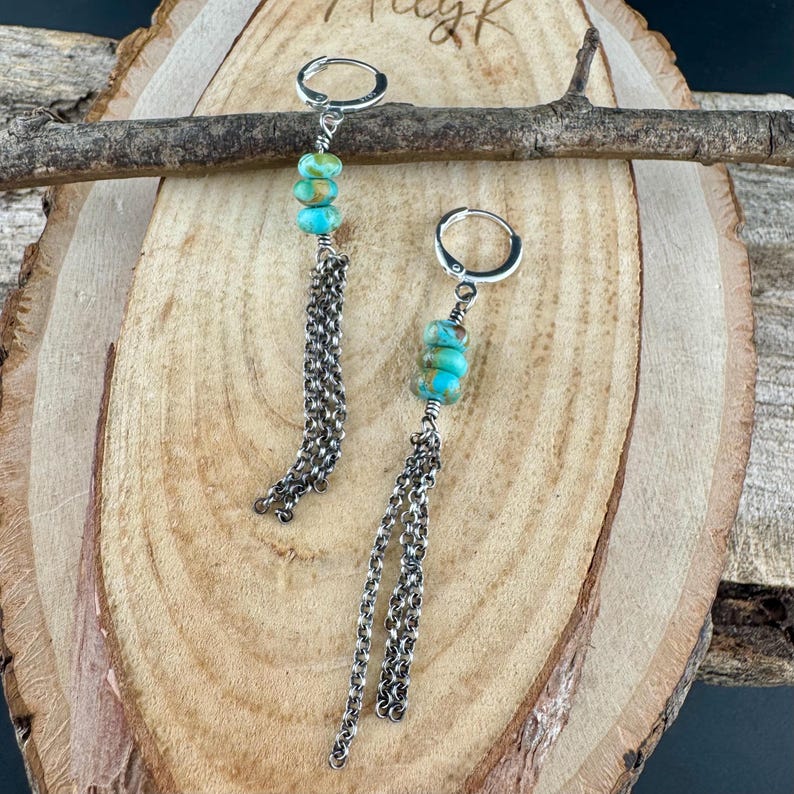 Turquoise Sterling Silver Lever back Hook Earrings: Kingman Huggie Hoop Chain Earrings Oxidized polished