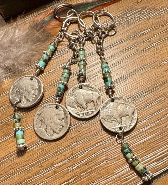 Indian head buffalo nickel keychain with African jasper turquoise gemstone