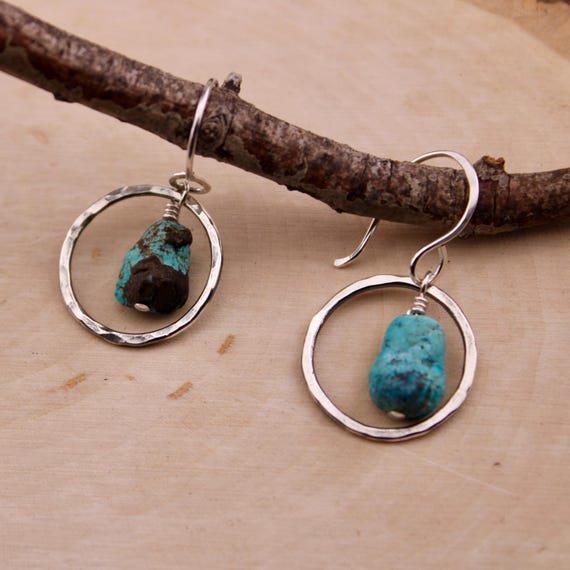 Raw Turquoise Pebble Nugget Earrings on Sterling Silver Circles, Turquoise Jewelry