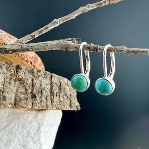May include: Two silver leverback earrings, each featuring a round turquoise stone. The earrings are suspended from a small branch against a dark backdrop. The turquoise stones display a mottled pattern.