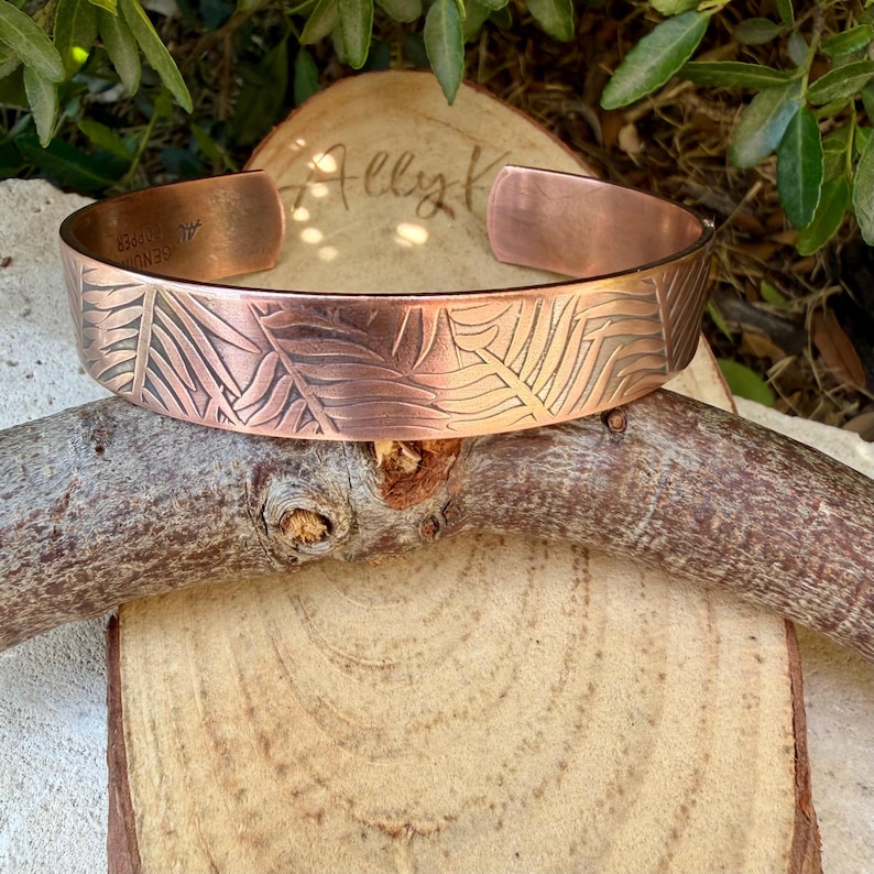 Leaves Embossed Copper Cuff • Rustic Raw Copper Bracelet • Hand‑Forged Southwestern Jewelry image 4