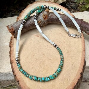 Mother of Pearl, Kingman Turquoise & Desert Pearl Choker • Sterling Silver • Southwestern Jewelry image 6