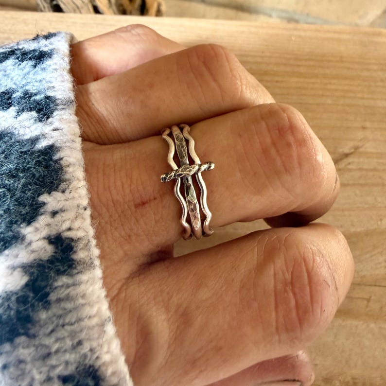 Sterling Silver Sideways Cross Ring | Christian Faith Ring | Stack Band Set Cross+Wave Rings (2)