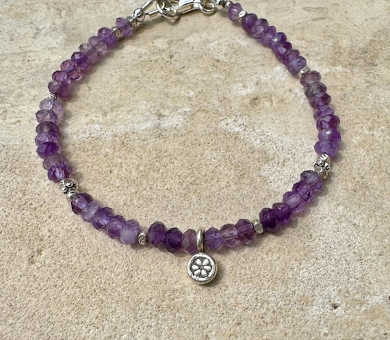 Purple Amethyst Sterling Silver Beaded Bracelet, Gemstone Bracelet, Silver Jewelry, Amethyst Jewelry, Gift for Her
