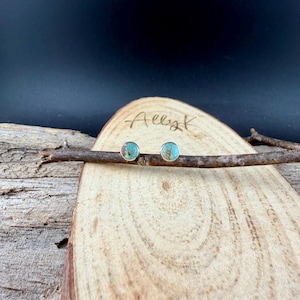 May include: A pair of round stud earrings with turquoise-colored centers and silver-colored settings. The earrings are displayed on a small wooden branch, resting on a wooden surface. The name "Allyk" is written on the wood.