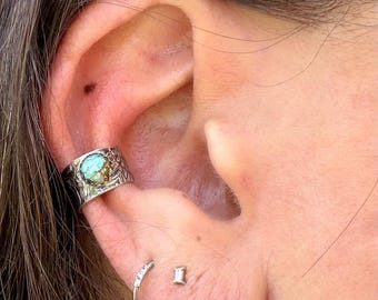 5mm Number 8 Genuine Turquoise Sterling Silver Ear Cuff | Floral Doodle Band, No-Piercing Earring