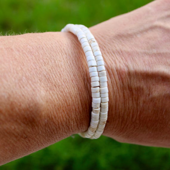 White Turquoise Double Wrap Carbon Steel Memory Wire Bracelet, Gemstone Jewelry, Stretch Bracelet