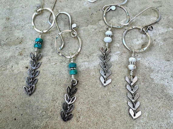 Sterling silver earrings with chain with turquoise gemstone / gemstone beaded sterling silver earrings