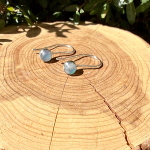 May include: A pair of silver hook earrings featuring small, round, iridescent moonstone cabochons. The earrings have a polished metal finish and a simple, curved wire design that allows them to hang securely from the earlobe.