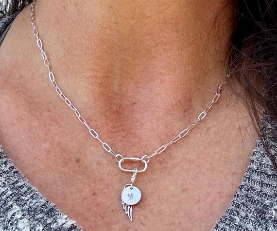 Personalized Sterling Silver Charm Necklace, Paperclip Chain Necklace with Charms and Gemstone, Carabiner necklace, Personalized Gift