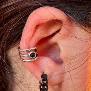 Sterling Silver 3mm Black Onyx Ear Cuff | Wide Conch Band | No-Piercing Earring image 1