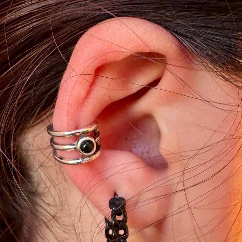Sterling Silver 3mm Black Onyx Ear Cuff | Wide Conch Band | No-Piercing Earring image 1