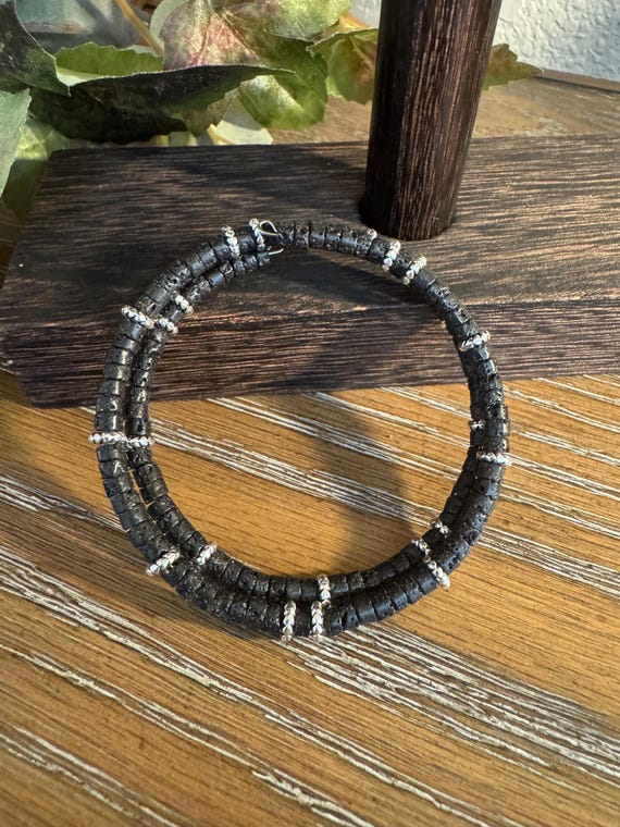 Carbon steel memory wire bracelet with black lava rock and silver alloy spacers / gemstone bracelet