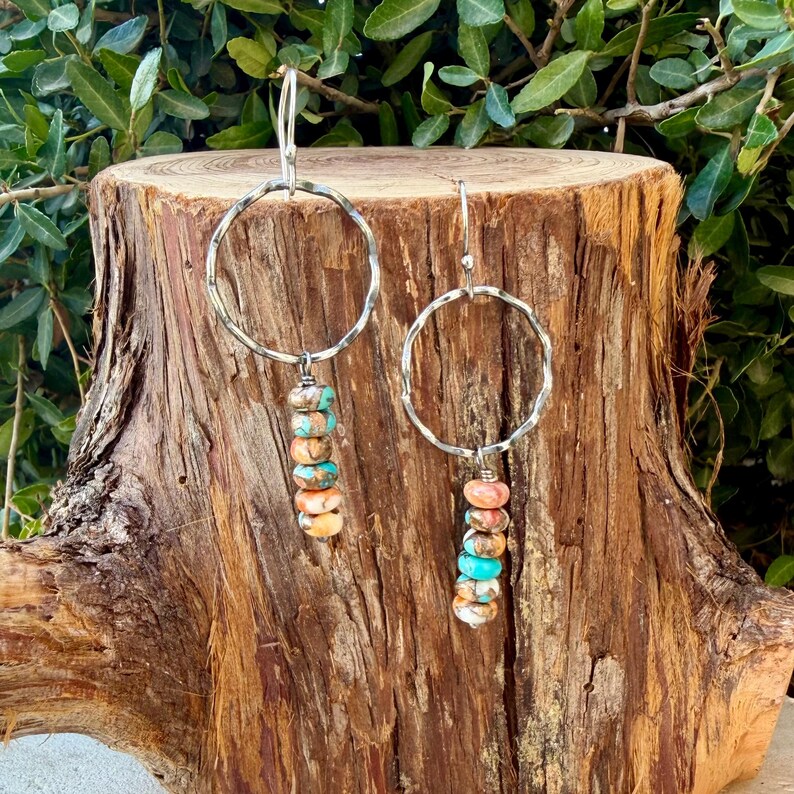 Sterling Silver Spiny Oyster & Turquoise Dangle Drop Earrings • Long Drop Style image 8