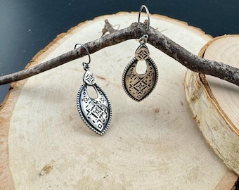 Sterling Silver Tribal Stamped Oval Earrings - Oxidized Finish